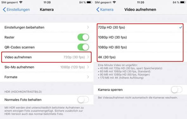 iPhone-Videoauflösung herabsetzen