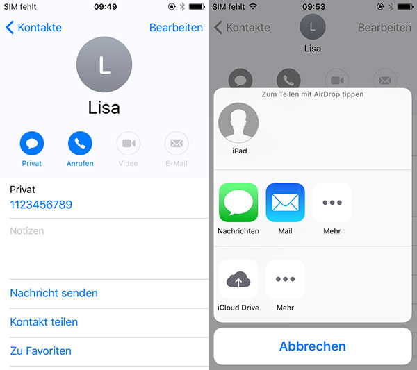 Kontakte von iPhone auf iPad übertragen mit airdrop