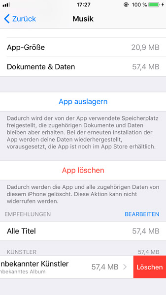 Musik vom iPhone in Einstellungen löschen