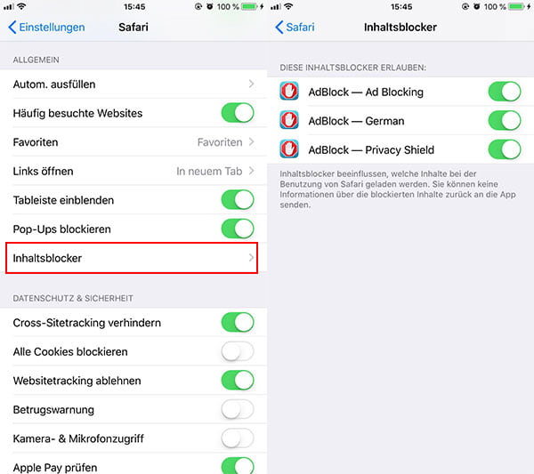 Werbungen in Safari blockieren