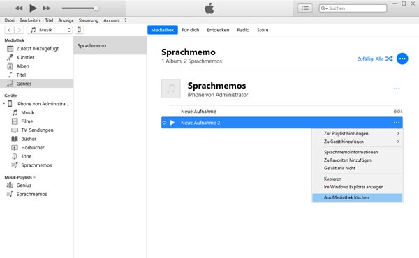 Sprachmemos aus Mediathek löschen
