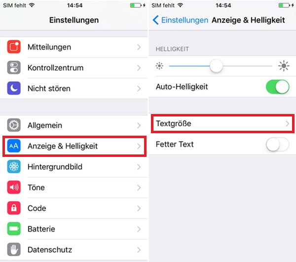 die Textgröße in Einstellungen einrichten