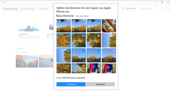 Windows 10 Fotos-App: iPhone-Fotos für den Import auswählen
