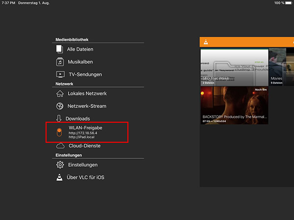 WLAN-Freigabe in VLC-App aktivieren