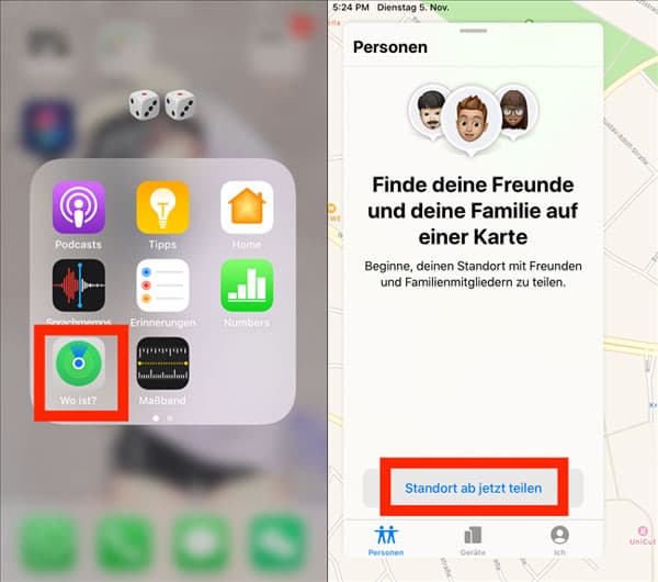 iPhone-Standort freigeben über Wo ist