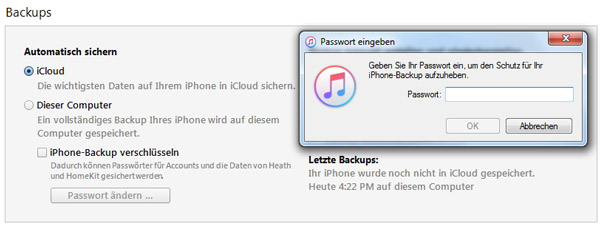 Passwort beim Deaktivieren des iPhone-Backup Passworts eingeben
