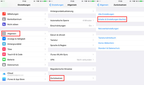 Zum Wiederherstellen der iCloud Fotos iOS-Gerät zurücksetzen