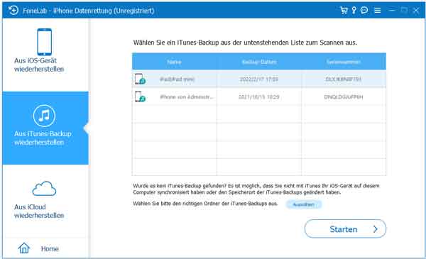 SMS Backup auswählen