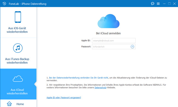 iCloud in der Software anmelden