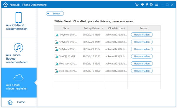 iCloud-Backup zum Download wählen