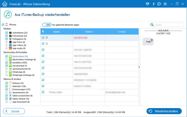 iPhone gelöschte Nachrichten aus iTunes-Backup wiederherstellen