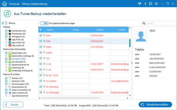 iPhone gelöschte Kontakte aus iTunes-Backup wiederherstellen