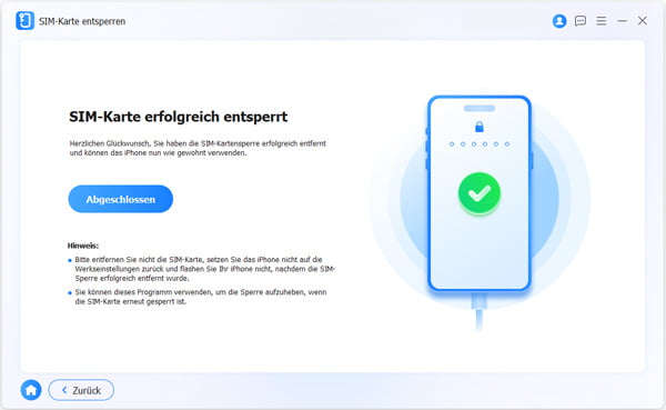 SIM-Karte erfolgreich entsperrt