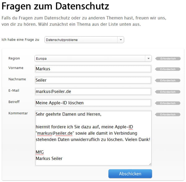 Kontaktformular zum Löschen der Apple-ID