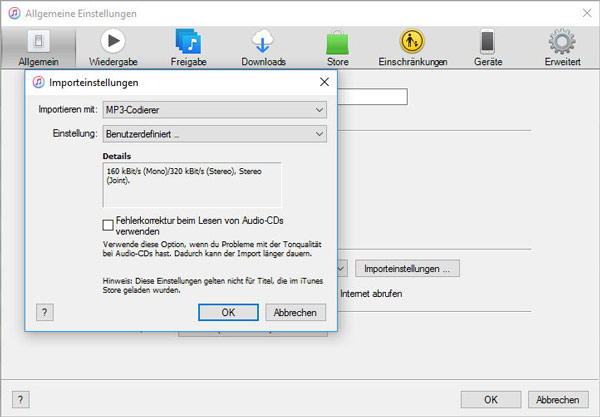 iTunes Importeinstellungen