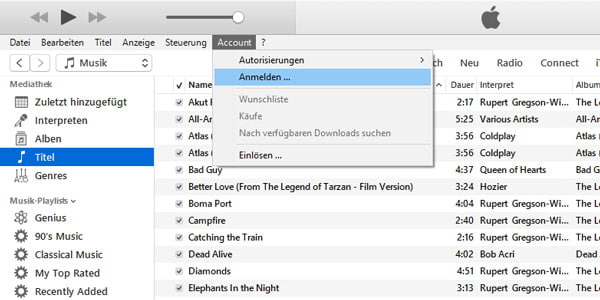 Sich in iTunes anmelden