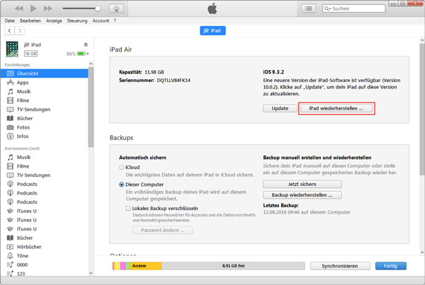 iPad mit iTunes wiederherstellen