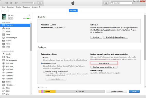 Mit iTunes iPad sichern