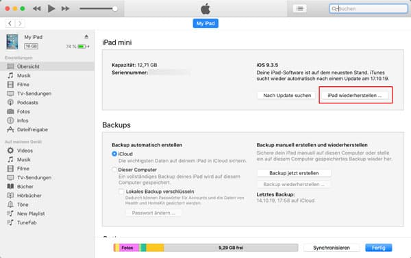iPad über iTunes zurücksetzen und entsperren
