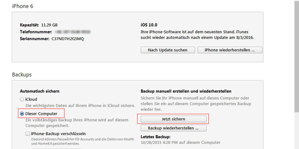iPhone Backup über iTunes erstellen