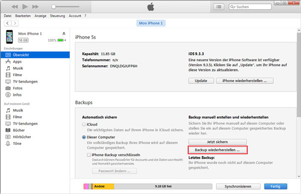 Alle iPhone-Daten aus iTunes-Backup wiederherstellen