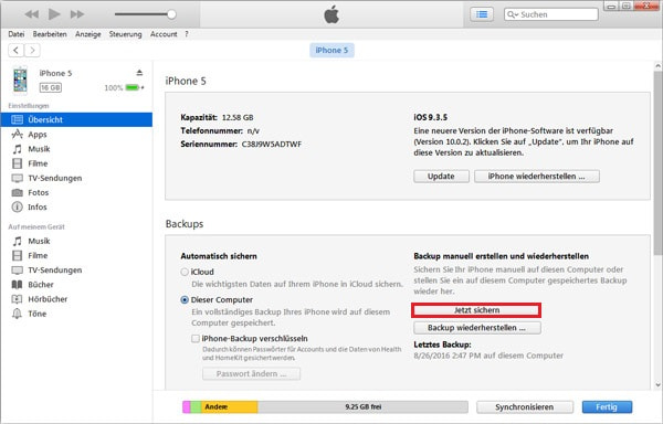 iPhone auf iTunes sichern