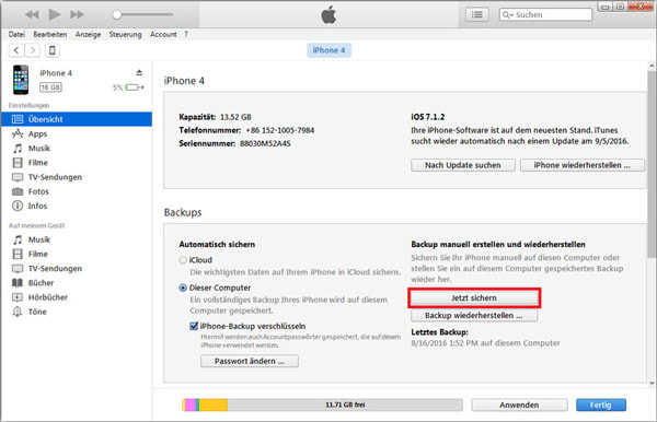 iPhone SMS mit iTunes auf dem PC sichern