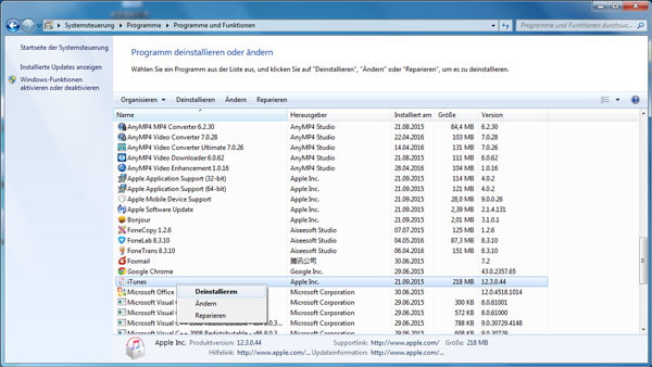 iTunes unter Windows deinstallieren