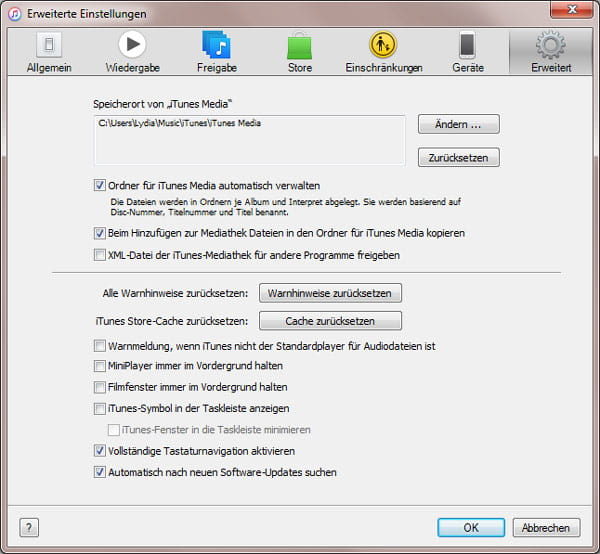 Erweitere Einstellungen in iTunes