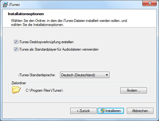 Optionen für iTunes Installation