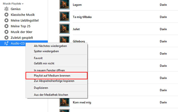 Playlist auf Medium brennen