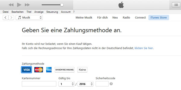 Zahlungsmethode für Apple-ID wählen