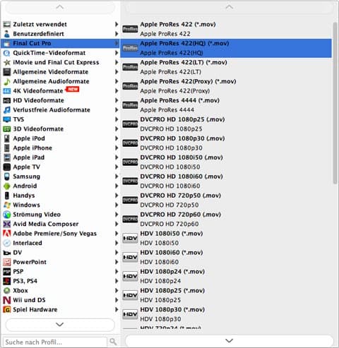 Final Cut Pro Format wählen