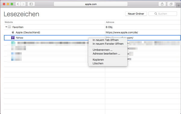 Mac Safari Lesezeichen löschen