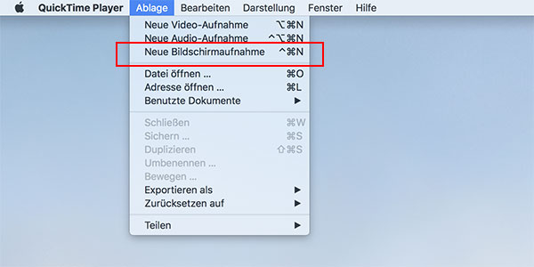 Neue Bildschirmaufnahme mit QuickTime machen