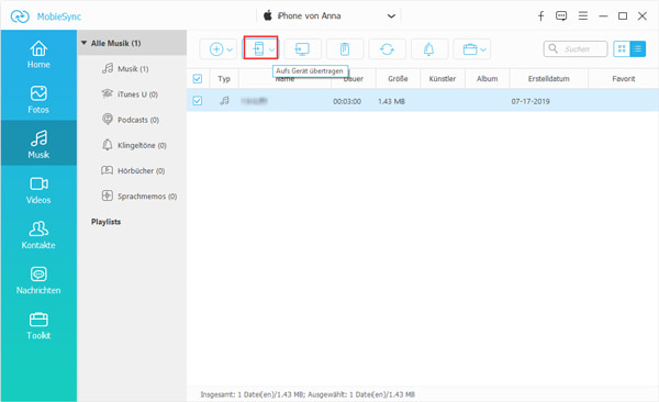 In MobieSync Musik von iPhone auf Musik übertragen