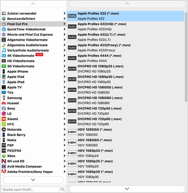 Ausgabeformat für Final Cut Pro