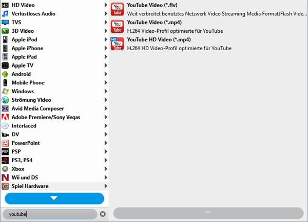 YouTube als Ausgabeformat wählen