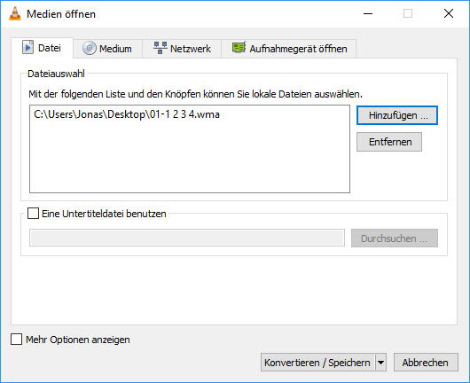 WMA-Datei in VLC hinzufügen