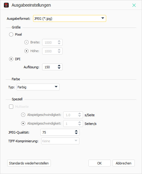 Ausgabeformat auswählen