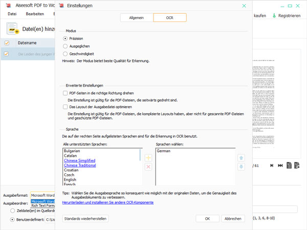 OCR-Einstellungen anpassen