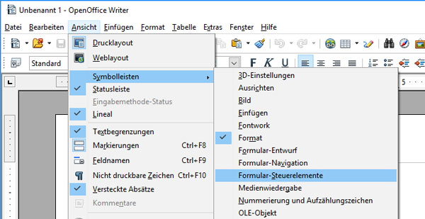 OpenOffice Formular-Steuerelemente anzeigen