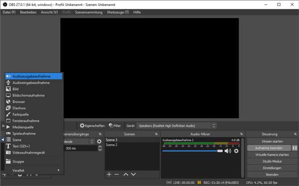 Audioausgabeaufnahme in OBS auswählen