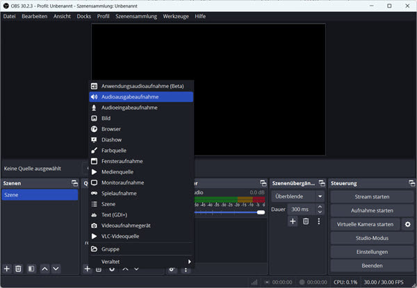 In OBS Audioausgabeaufnahme auswählen