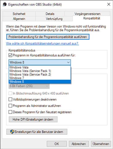 Kompatibilitätsmodus in OBS aktivieren