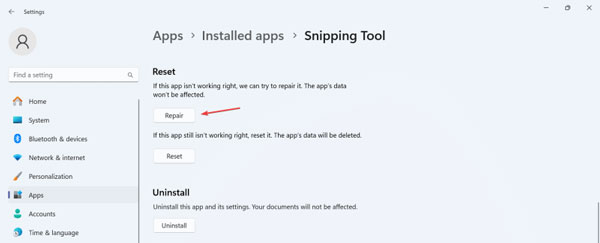 Snipping Tool reparieren und zurücksetzen