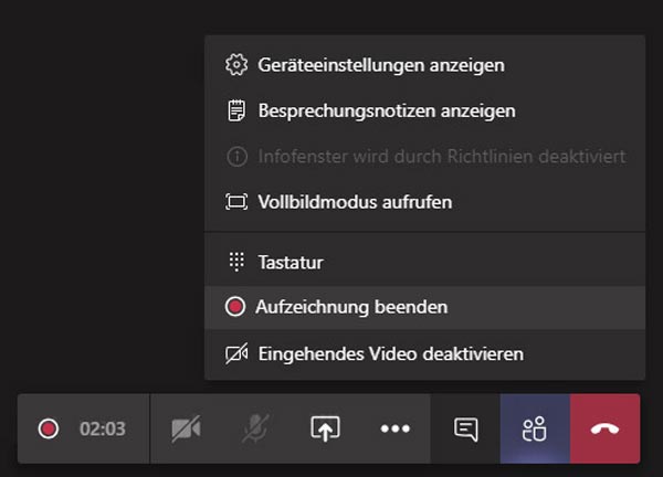 Die Aufzeichnung des Teams-Meetings beenden