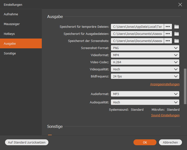 Aiseesoft Screen Recorder einstellen