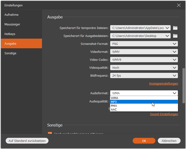 Ausgabeformat in MP3 einstellen