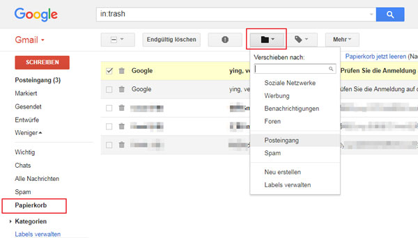 Aus Papierkorb Gmail gelöschte Mails wiederherstellen